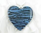 Blue Zebra Dichroic Glass Heart Necklace