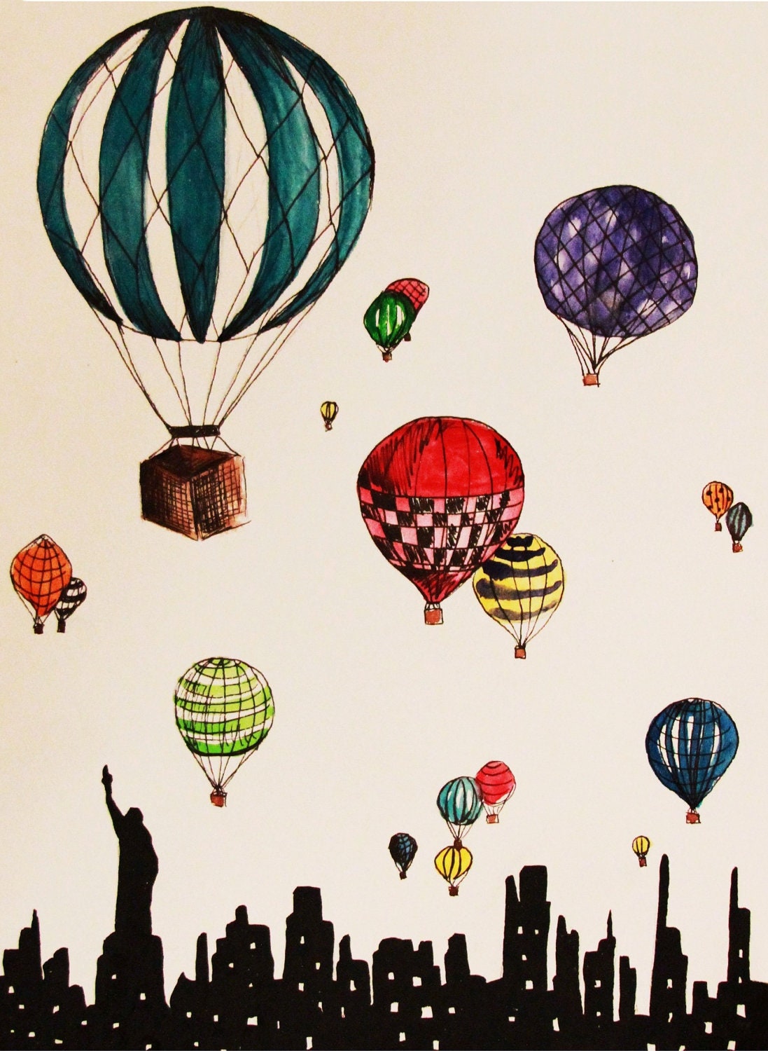 Hot Air Balloons Over New York City Illustration 5x7 Print