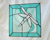 Dragonfly Stained Glass Suncatcher Panel with Bevels in Aqua Teal swirled stained glass
