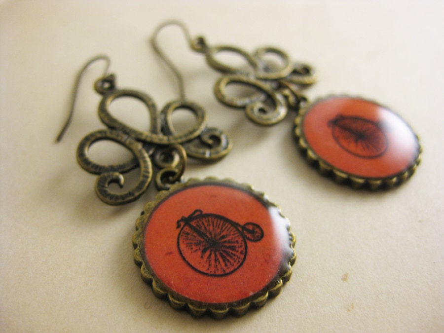 Penny Farthing Earrings in Red Orange and Brass - Dangle Earrings - fish hook earrings