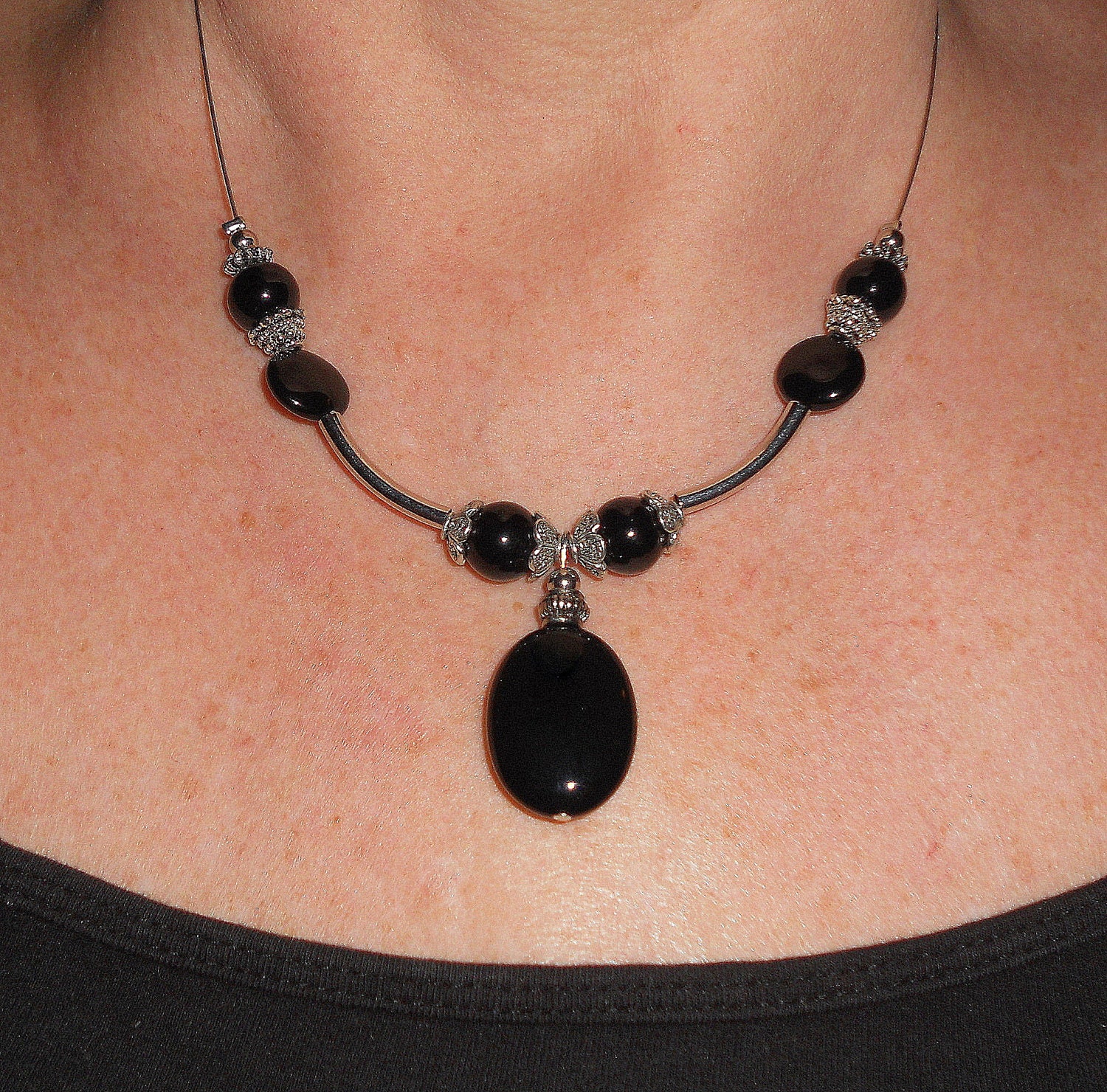 Onyx necklace pendant, Unique silver tube and black bib necklace, gypsy jewelry