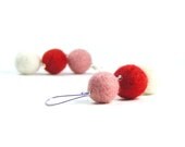 Handmade Felt Earrings, Pink Red & White Sterling Silver Earrings with Merino Wool Felt Balls, One of a kind