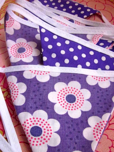Bunting - Pomme de Jour Vintage Fabric Bunting - 1970s Purple Flowers And Polka Dots