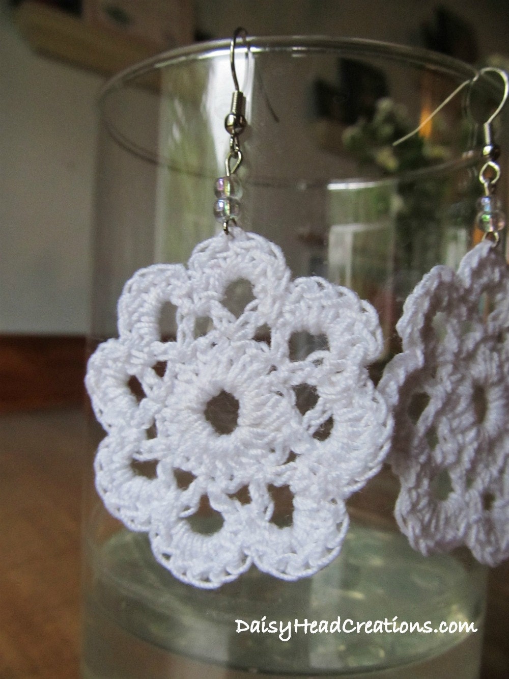 White Lace Daisy Earrings- Crocheted, Beaded Flower Earrings- Hypoallergenic- Crochet Jewelry