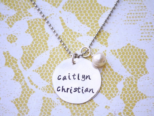 Large Circle Hand Stamped Tag Pendant with Pearl Charm Dangle