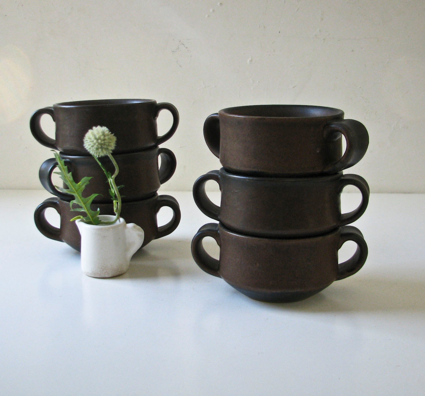 6 Ironstone Soup Mug Bowls - Brown Clay - Brown Glaze - BeeJayKay