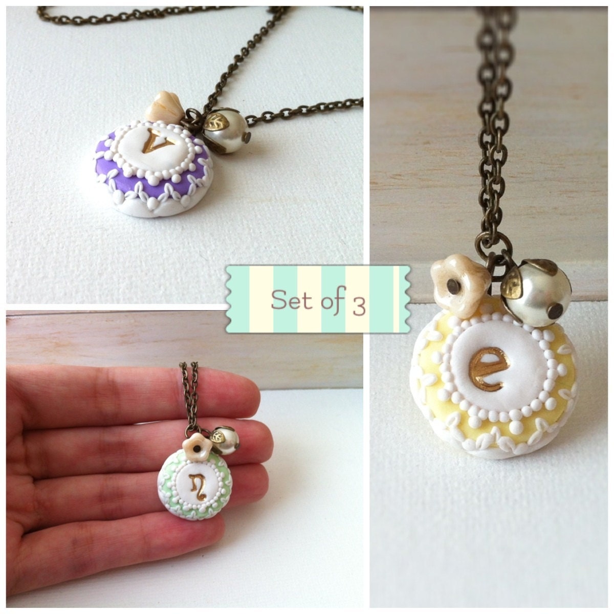 Set of 3 - necklace monogram - pastel jewelry bridesmaid