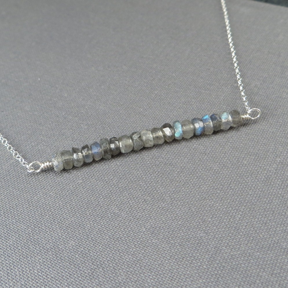 Sterling Silver Necklace - Labradorite Beaded Pendant - Simple Modern Minimal Necklace