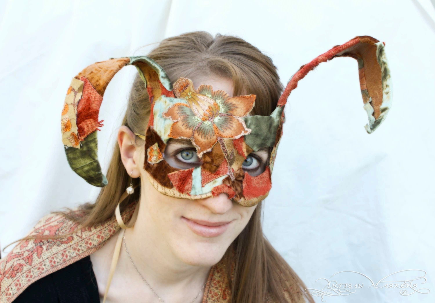 Hyzenthlay - OOAK Rabbit Mask in Upcycled Fabric Scraps and Papier-Mache - Scrap Menagerie Series