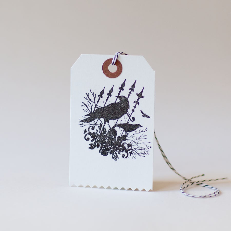 Raven Blackbird Tags Halloween Goth Hand Stamped Black White
