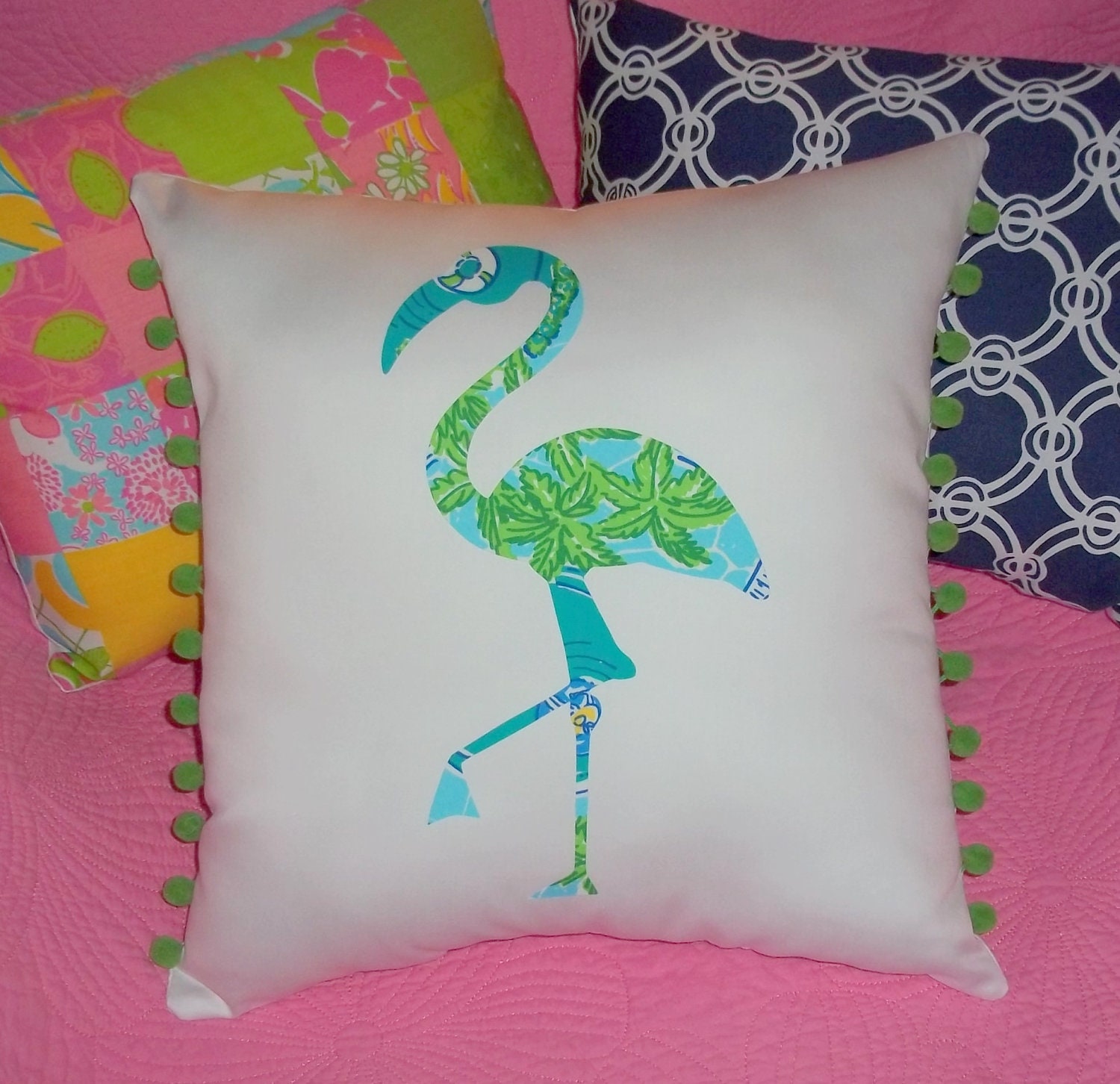 Made to Order pillow, New custom Flamingo Pillow made with Lilly Pulitzer Pool Party fabric