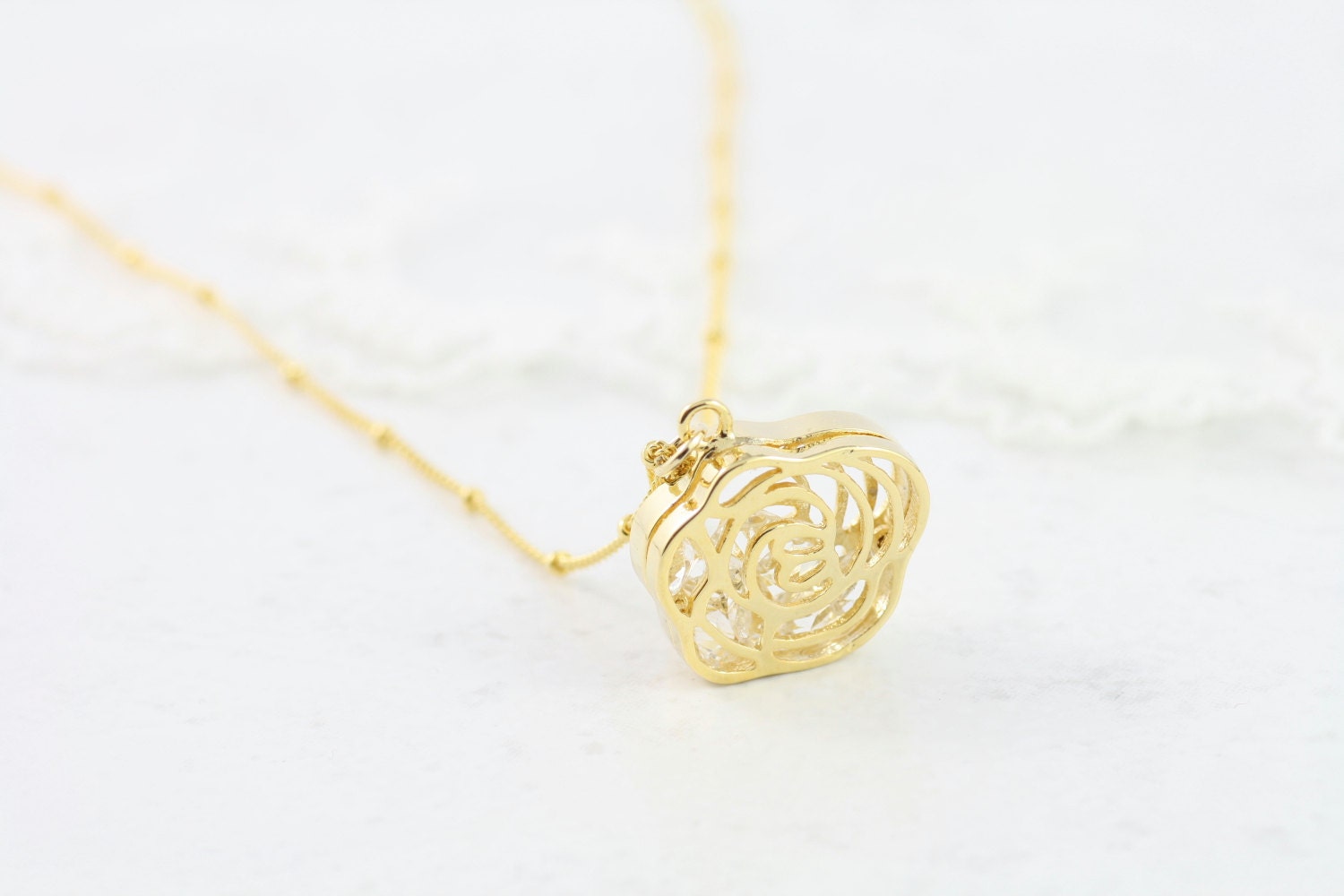 Rosa Gold (Crystal filled) Necklace - Handmade, Elegant, Classy in Matte Silver and Gold, Dainty, Everyday Necklace. Sweet Heirloom Gift.