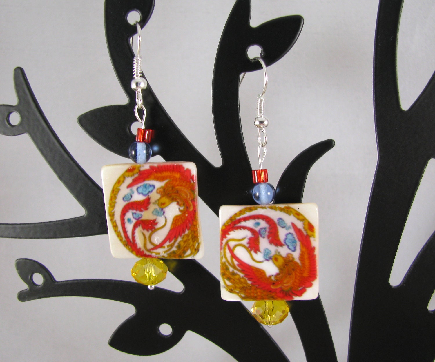 Shell tile phoenix with Czech crystal sterling dangle earrings