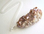 Golden Peach Druzy Necklace, Titanium Crystal Jewelry, Raw Stone Pendant