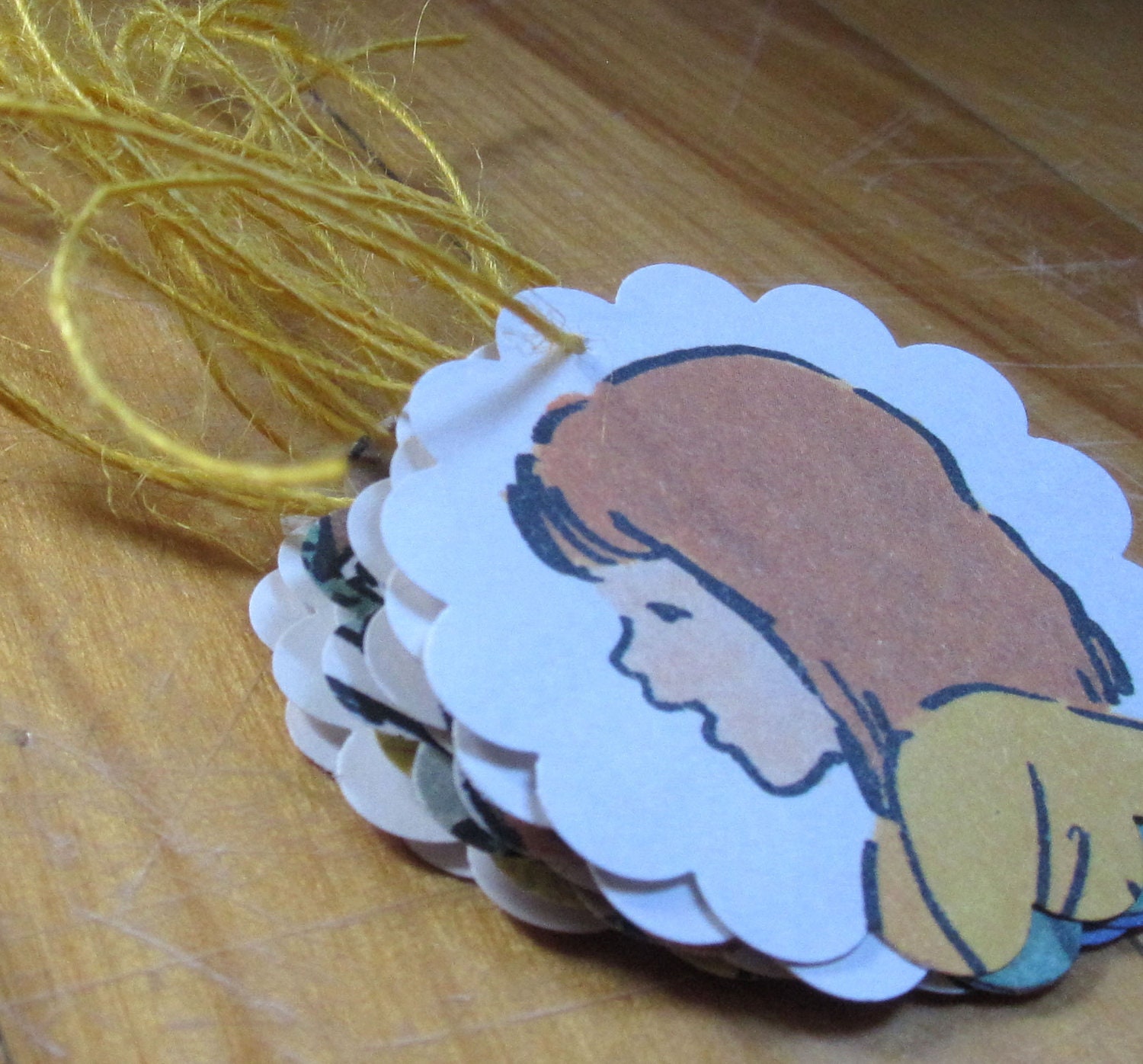 Vintage Storybook Art set of 10 scalloped gift tags with jute ribbon