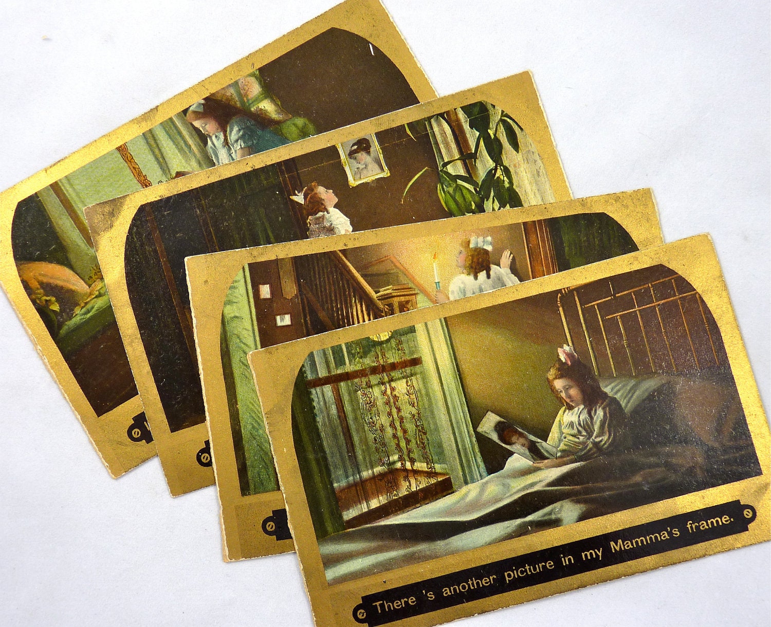 Set of Four Vintage Victorian Postcards, Young Girl "There's another picture in my Mamma's frame."