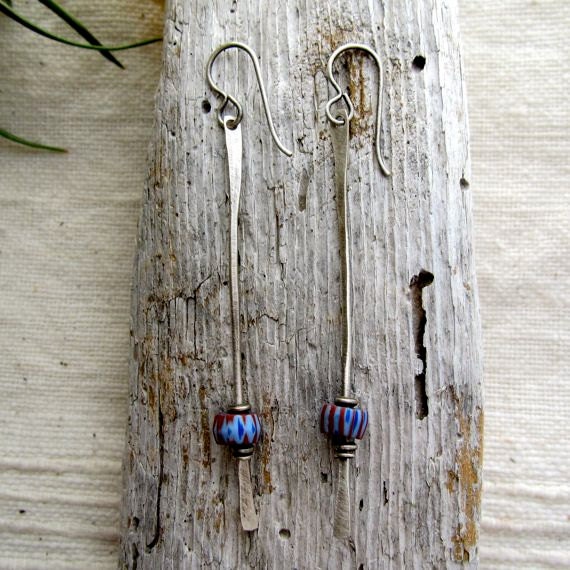 Long Glass Bead Earrings, Long Silver Earrings, African Glass Earrings
