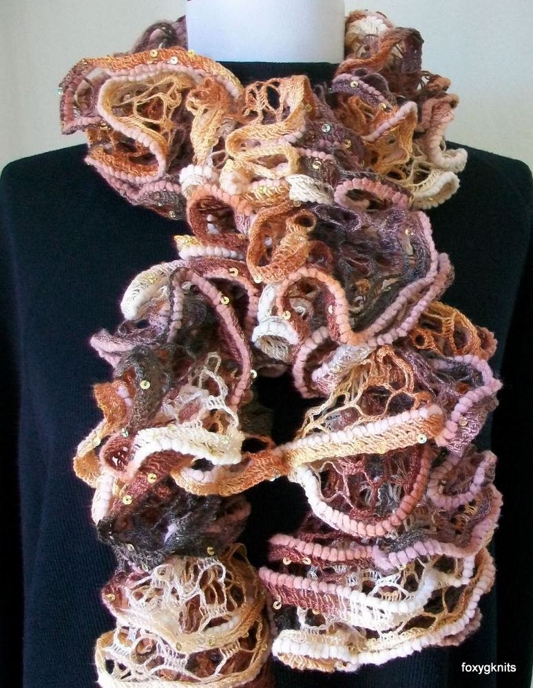 Hand Knit Ruffle Scarf in Multi-Shades of Sienna Brown