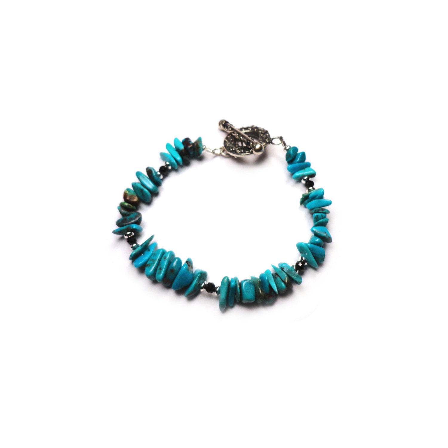 TURQUOISE LASSO Blue Turquoise Black Spinel Sterling Silver 7.5 inch Bracelet MB452