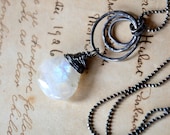 Rainbow Moonstone Necklace Oxidized Sterling Silver Metalwork