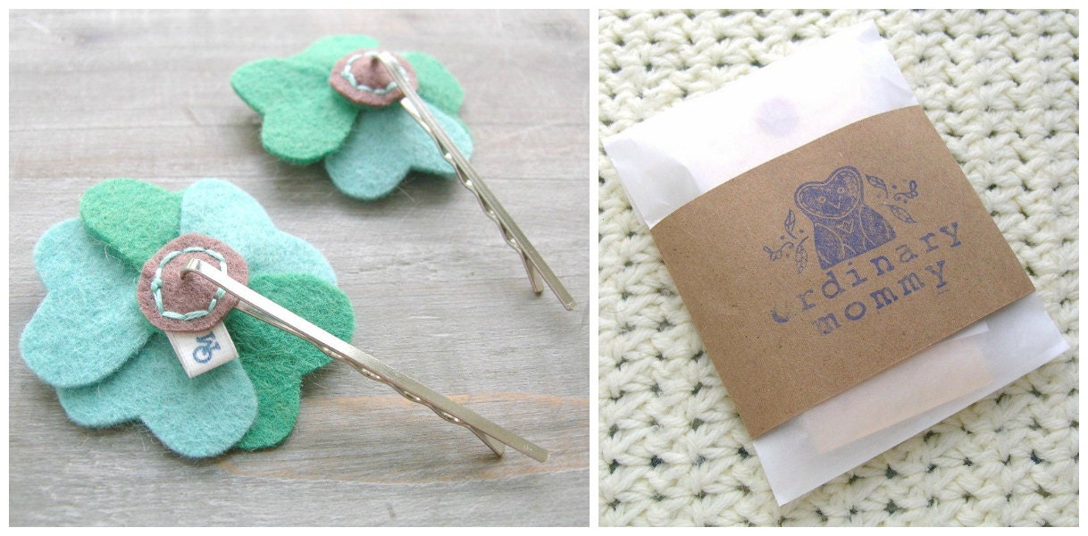 Women's Felt Flower Hair Pin Set // Soft Jadeite and Aqua Mint // Bridesmaid Hair Accessory by OrdinaryMommy on Etsy