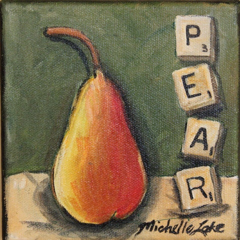 Pear painting ....called Six points  5 by 5 inches square by .75 inches deep