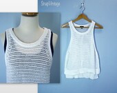 Vintage Sweater Blouse / White Loose Knit Tank Top / Layering Top