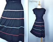 Vintage 70s Dress / Black Dress with Ribbon Color Stripes / m-l