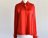 80s Red Stripe Silk Collar Dress Shirt Nautical Preppy Secretary . SM . M . D184