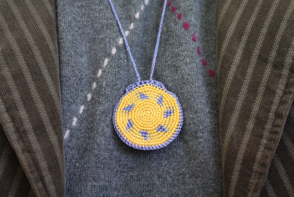 Locket necklace, Yellow Sunshine ring holder, Nazca, hand crochet purse, Tribal ornament, geometric jewelry, summer, light violet