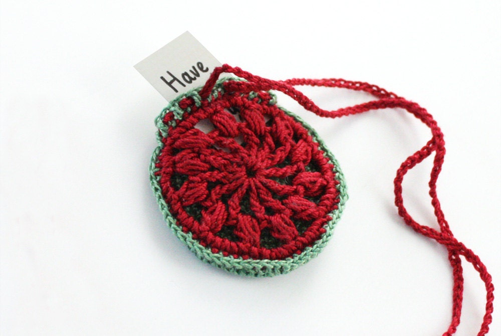 Tribal Ornament drawstring wallet, Handmade coin holder, Love note locket, double pocket, lucky mandala, crocheted pattern, red pendant