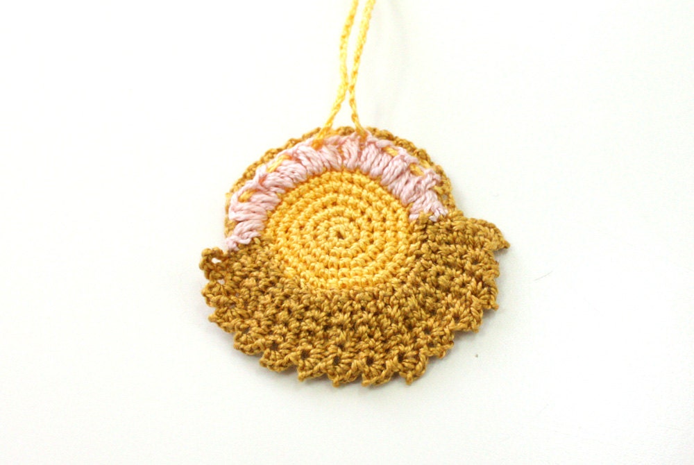 Mustard Change Purse, crochet pouch, yolk yellow, sun pattern, handknit pendant, crochet necklace, hanging decor, intimate gift