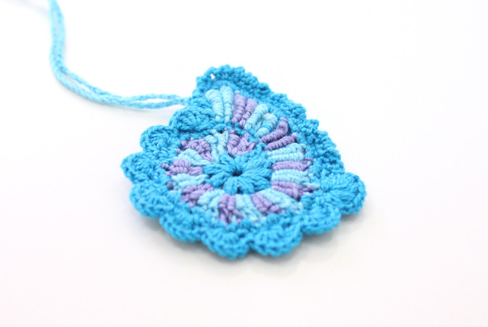 Shell Necklace Freeform drawstring bag, crochetchange purse, coin holder, blue, violet , light blue, nautical pendant, handmade pouch, wavy