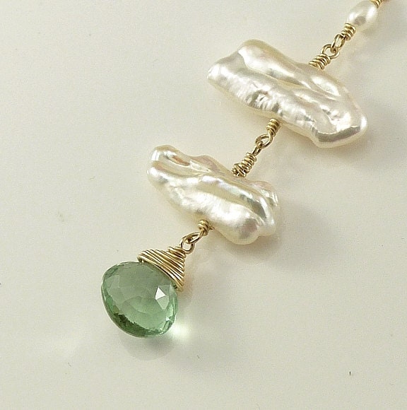 Green Fluorite BIWA Pearl Necklace 14K gold filled Gemstone Wedding Jewelry Fashion