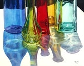 Glass Bottles in Sun art watercolor painting print 11x14 Blue Green Red Yellow Teal by Cathy Hillegas