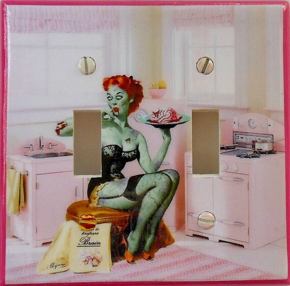 Zombie in a pink kitchen- a fun theme on a handmade MIXED MEDIA double toggle light switchplate with MATCHING Screws (ready to ship/C-z)