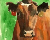 Cow original watercolor painting cow art red cow red tagged cow green and red 8.75 x 8.25 inches