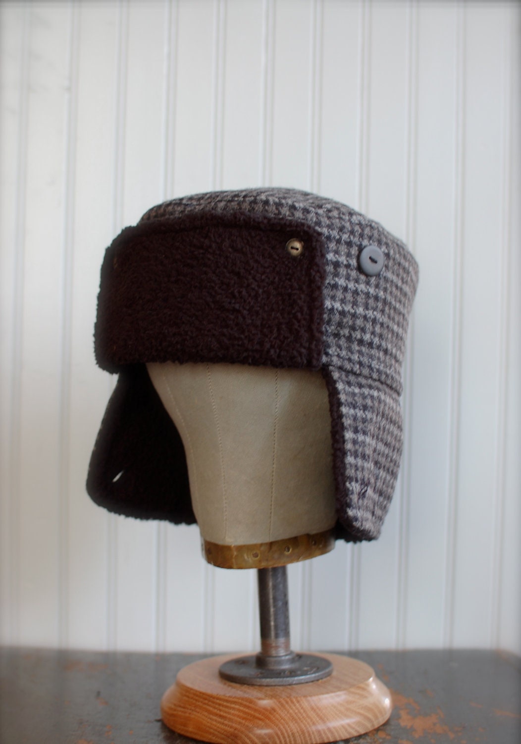 Houndstooth wool hat in black and gray: mens ushanka, womens ushanka - large