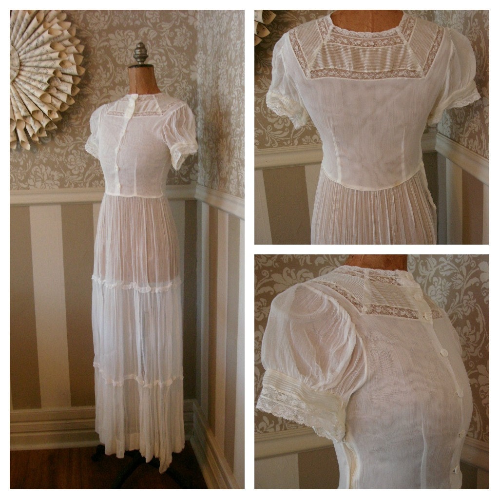 Vintage 1960's Reproduction White Victorian Lawn Wedding  Dress Stella Ranae  XS S