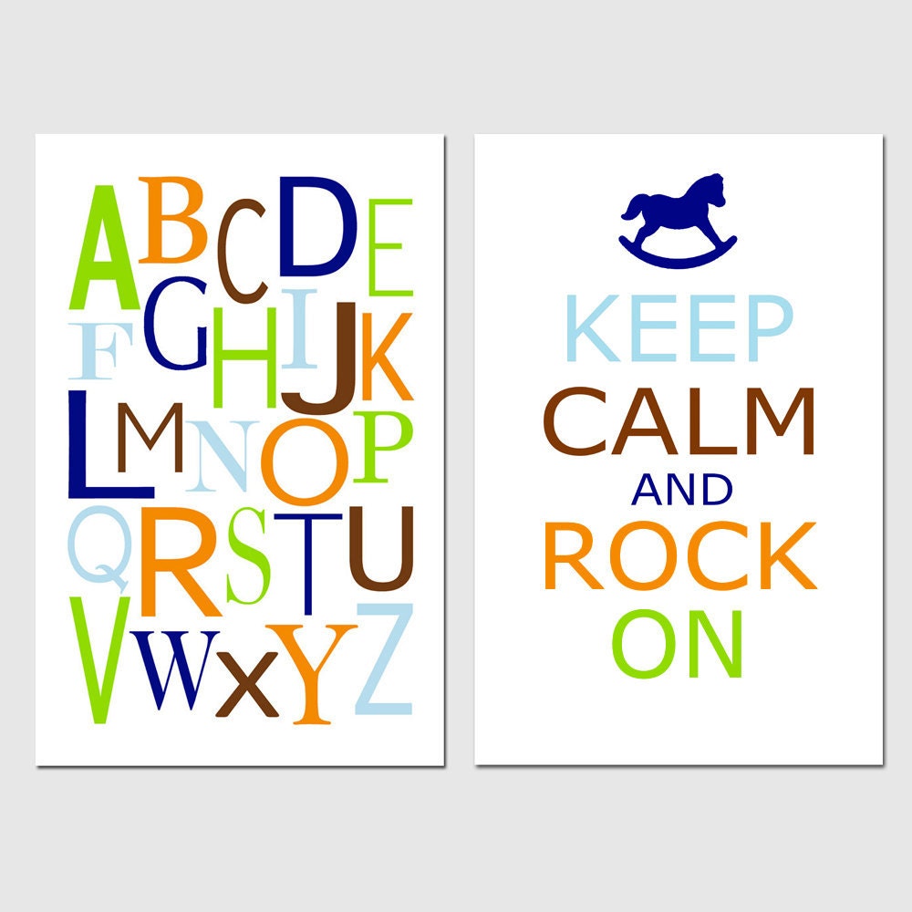Set of Two 11x17 Prints - Modern Alphabet - Keep Calm and Rock On - Nursery Art Prints - Tiddliwinks Come Ride With Me Bedding