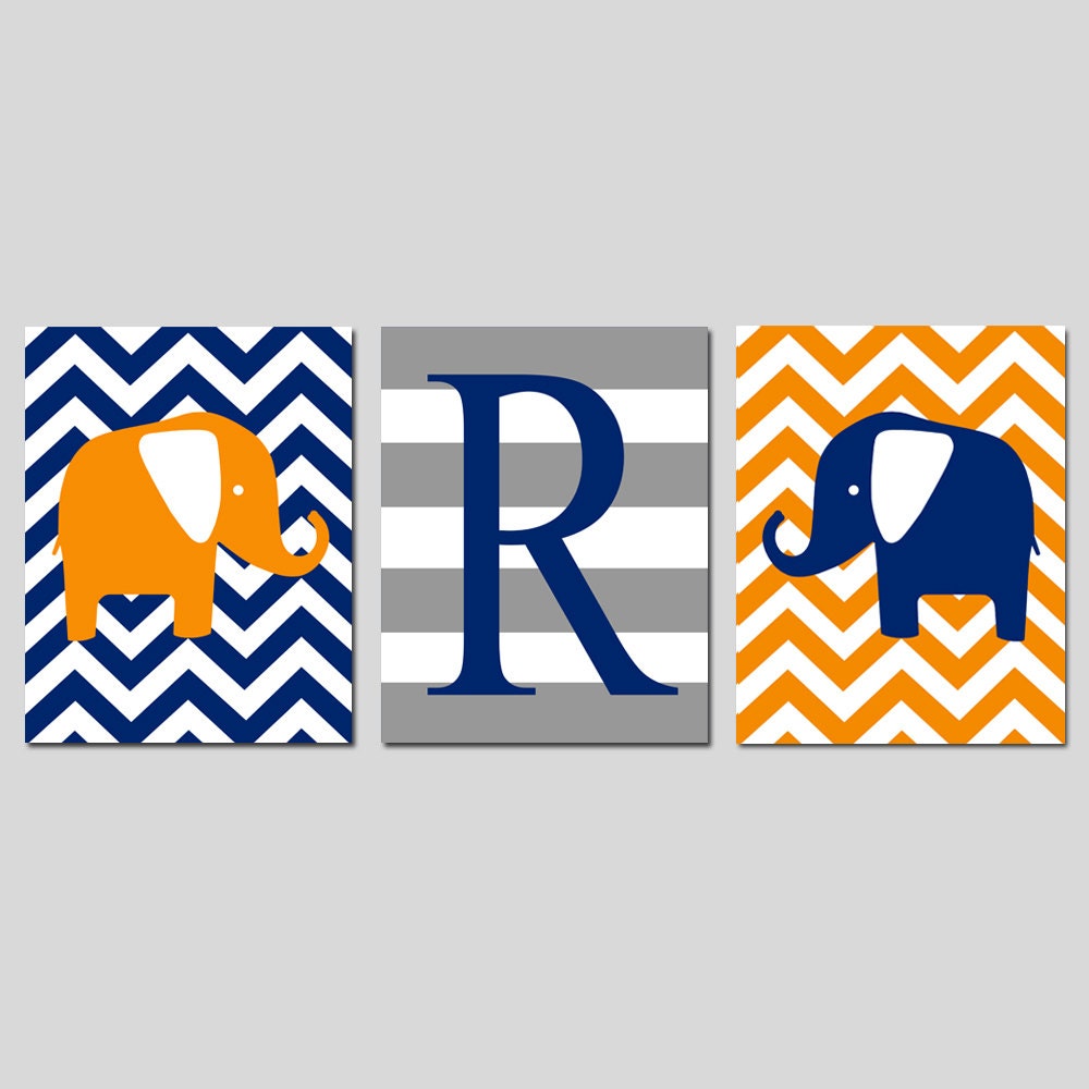 Elephant Nursery Trio - Set of Three 11x14 Prints - Chevron Elephants, Striped Monogram Initial - Kids Wall Art - Choose Your Colors