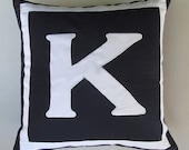 Letter K midnight blue and white monogram pillow cover 18 inch IN STOCK