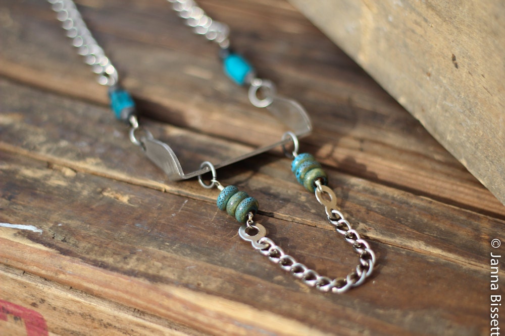 Long Necklace Made from Typewriter Parts and Turquoise Beads