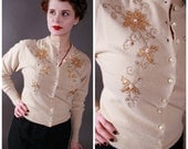 Vintage 1950s Sweater - Tobi of California Cardigan with Gold Applique