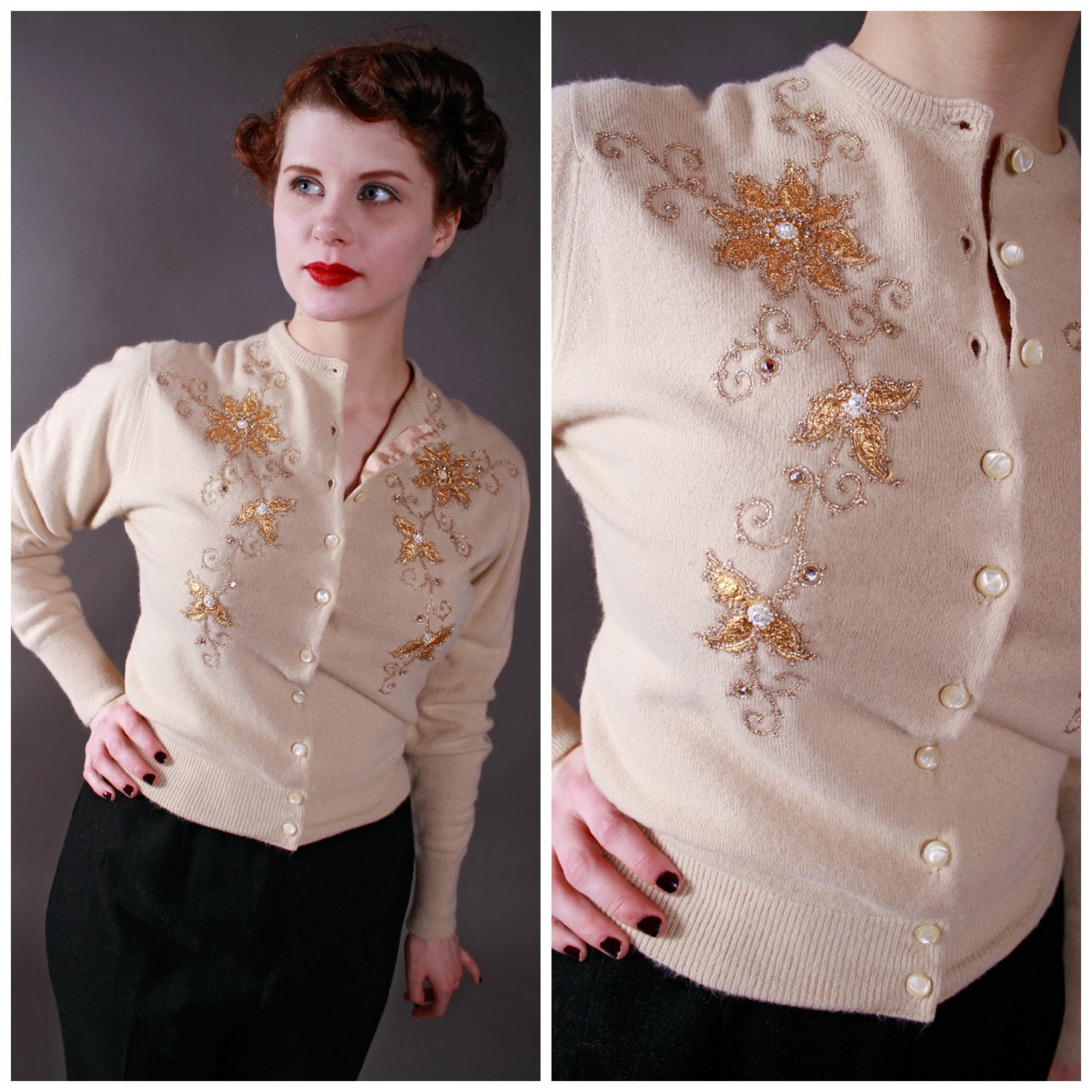 Vintage 1950s Sweater - Tobi of California Cardigan with Gold Applique