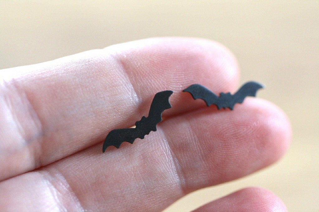 Halloween jewelry - black bat jewelry - black bat earrings - spooky earrings - sterling silver - goth