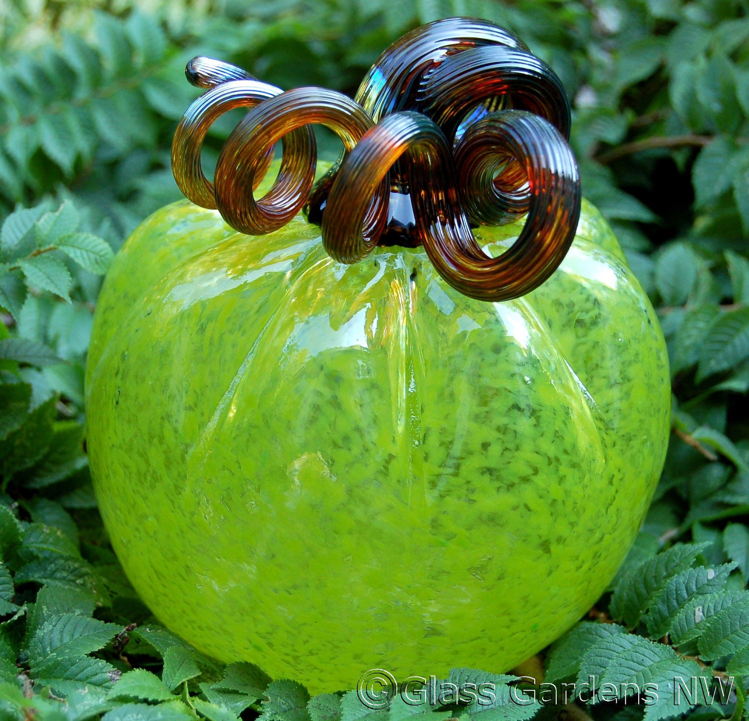 Small Halloween glass Pumpkin - Translucent Lime Green with Gold brown stem - glass garden art