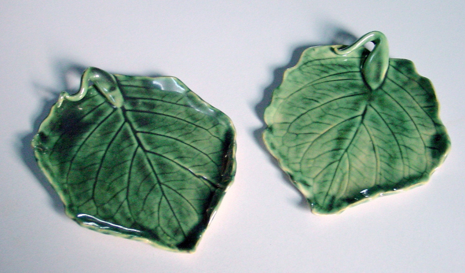 Small Leaf Dessert Plates with Accent Stems - Green Patina - Handmade Pottery