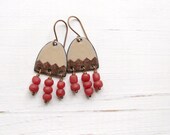 Brown Enamel Earrings With Red Dangles, Enamel Jewelry, Copper Earrings