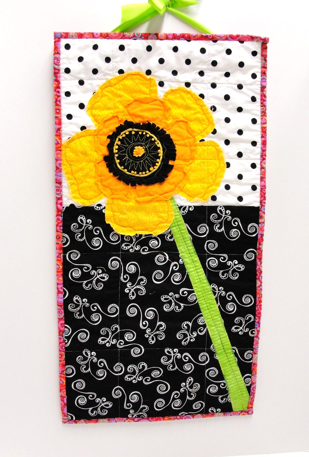 poppy quilt - wall art quilt - single stem in yellow and orange with hand embroidery